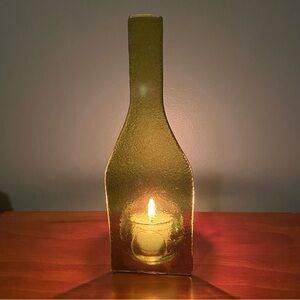 Wine Bottle Shaped Candle Holder Tea Light Green Glass 7.75” Hand Blown EUC